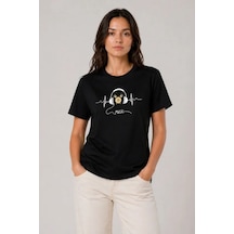 Efnaz Style Müzik Temalı Baskılı Tişört Bisiklet Yaka Kısa Kol T-shirt - Siyah