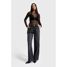 Itsbasic Kadın Füme Renk 2w5-1 Wide Leg Fit Bol Kesim %100 Koton Kemer Detaylı Denim Jean