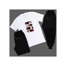 Tarzsokak Anime Sharingan Baskılı Unisex Yazlık Şort - Normal Kalıp Tişört - Eşofman Altı Komb Beyaz