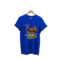 Avcılık Geyik Avcılığı Ve Doğa Baskılı Orman Temalı %100 Pamuk Regular Fit Mavi T-shirt Saks Mavi