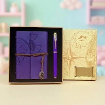 Lb Yaprak Desenli Deri Defter Ve Mor Metal Kalem Seti Çok Renkli