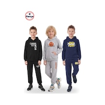 Fyk Kids 3'lü Kanguru Cepli Kapüşonlu Baskı Detaylı 6 Parça Erkek Çocuk Eşofman Takımı Gri - Siyah - Lacivert