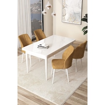 Canisa Arp Serisi, Beyaz Masa 71x110 Sabit Yemek Odası Takımı, 4 Cappucino Sandalye Beyaz Masa Sandalye Cappucino