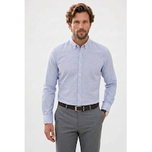 Tudors Erkek Regular Fit Rahat Kesim %100 Pamuk Keten Efektli Kol Katlamalı Düz Mavi Gömlek-52122