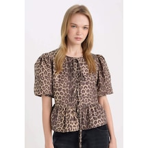 DeFacto Regular Fit Yuvarlak Yaka Leopar Desenli Önden Bağlamalı Poplin Kısa Kollu Bluz E2670AX24AUBG280