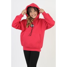 Kapüşonlu Art Baskılı Kanguru Cepli Kız Çocuk Sweatshirt-90847 Fuşya