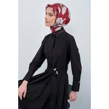 Armine Tivil Saf İpek Eşarp 9536 - 34 Kırmızı Çiçek Desen Kırmızı Siyah