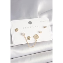 925 Ayar Gümüş Çivi Pirinç Gold Renk Zirkon Taşlı Yonca Model Sallantı Zincir Detay Kadın Küpe Seti Renkli