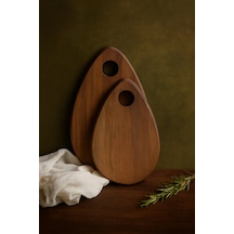 Fam Wood Art Damla Model 2'li Kesme Sunum Doğrama Tahtası, Servis Tabağı %100 Çam Ağacı Kahverengi