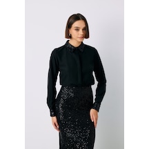 Sateen Payet Detaylı Klasik Gömlek - Siyah