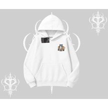 Need Coffee Right Meow Yazılı Kedi Baskılı Kapşonlu Sweatshirt Beyaz