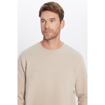 Unisex Oversize Geniş Kesim Pamuklu Yumuşak Dokulu Polarlı Basic Taş Renk Bisiklet Yaka Sweatshirt-23348 Taş