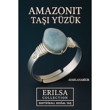 Sertifikalı Doğal Amazonit Taşı Yüzük Kalın Tımbıl Kasa Gümüş Renk Ayarlanabilir Mavi