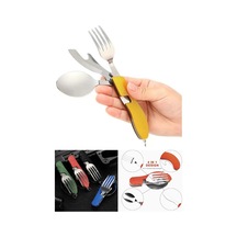 Katlanabilir Sofra Bıçak Kaşık Çatal 4in1 Yemek Kaşığı Paslanmaz Çelik Şişe Açacağı Taşınabilir Sofra Seti Çok Renkli