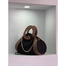 Oval Model Hasır Kordon Çanta Siyah  -  Kahverengi