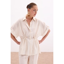 Sateen Bel Büzgü Detaylı Gömlek - Taş-136099 Taş