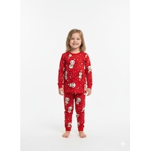 Unisex Kardan Adam Desenli Pijama Takımı Kışlık %100 Pamuk Kırmızı