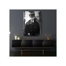 Gazi Mustafa Kemal Atatürk Eski Dönem Fotoğrafı Siyah Beyaz Cam Tablo Atatürk Temalı Dekoratif Duvar Tablosu, Salon, Ofis Ve Çalışma Alanı Dekoru,