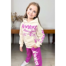 Riccotarz Kız Çocuk Üzeri New York Yazı Detaylı Bilekleri Manşetli Sweatshirt Mor Eşofman Takım Mor