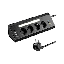 Akım Korumalı Çoklu Priz, 2 Adet Usb 2 Adet Type-c Girişi, 4 Adet Priz Girişi, Hızlı Telefon Şarjı, 2 Metre Kablo Uzunluğu, Masa Üstü Ve Gece Lambası Kullanımlı, Led Işıklı Çoklu Priz Şarj İstasyonu Siyah