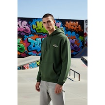 Benerly Erkek Kapüşonlu Düşük Kol Sweatshirt Slogan Nakışlı Fonksiyonel D Haki