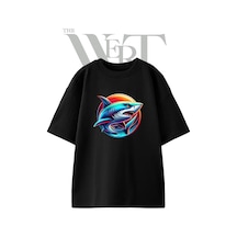 Thewert Shark Logo Tasarım Baskılı Ünisex Siyah Oversize T-shirt