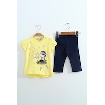 Toontoy Kids Toontoy Kız Çocuk 2'li Takım Baskılı Bisiklet Yaka T-shirt & Beli Lastikli Kapri Şort Açık Sarı