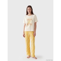 Lcw Dream Sarı Bisiklet Yaka Baskılı Kadın Pijama Takımı