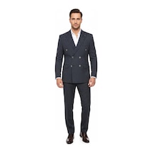 İtalyan Kesim Lacivert Kruvaze Takım Elbise Modern Slim Fit Çizgili Kumaş Detaylı Lacivert