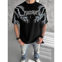 Erkek Yıldırım Şimşek Baskılı T-shirt Kısa Kol Bisiklet Yaka Tişört - Siyah Siyah
