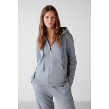 Grımelange Carlota Kadın Içi Polarlı Organik Kumaşlı Metal Fermuarlı Kapüşonlu Yumuşacık Mavi Sweatshirt