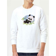 Panda Baskılı Beyaz Erkek Örme Sweatshirt (528454610)