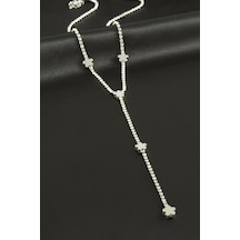 Çiçek - 856 - Şerit Taşlı Çelik Y Kolye - - Kmrsfres - Gümüş Rengi