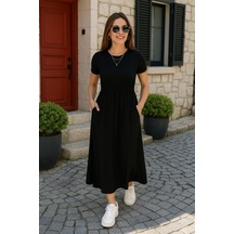 Kadın Kısa Kollu Bisiklet Yaka Belden Bağlamalı Önü Bağcık Detaylı Maksi Boy Viskon Elbise Siyah Kadın Kısa Kollu Bisiklet Yaka Belden Bağlamalı Önü Bağcık Detaylı Maksi Boy Viskon Elbise Siyah