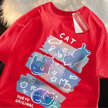 Startmore Y2k Vintage Tişört Tee Eğlenceli Yaramaz Kedi Baskı Japon Tarzı Kırmızı