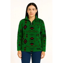 Kadın Yarım Fermuarlı Desenli Polar Sweat Tribal Etnik Desen Yakalı Uzun Kollu - Yeşil YESIL