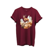 Dağ Keçisi Tasarımlı Avcılık Konseptli %100 Pamuk Regular Fit Bisiklet Yaka Unisex T-shirt Bordo