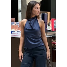 Madmext Lacivert Halter Yaka Saten Bluz Mg2685