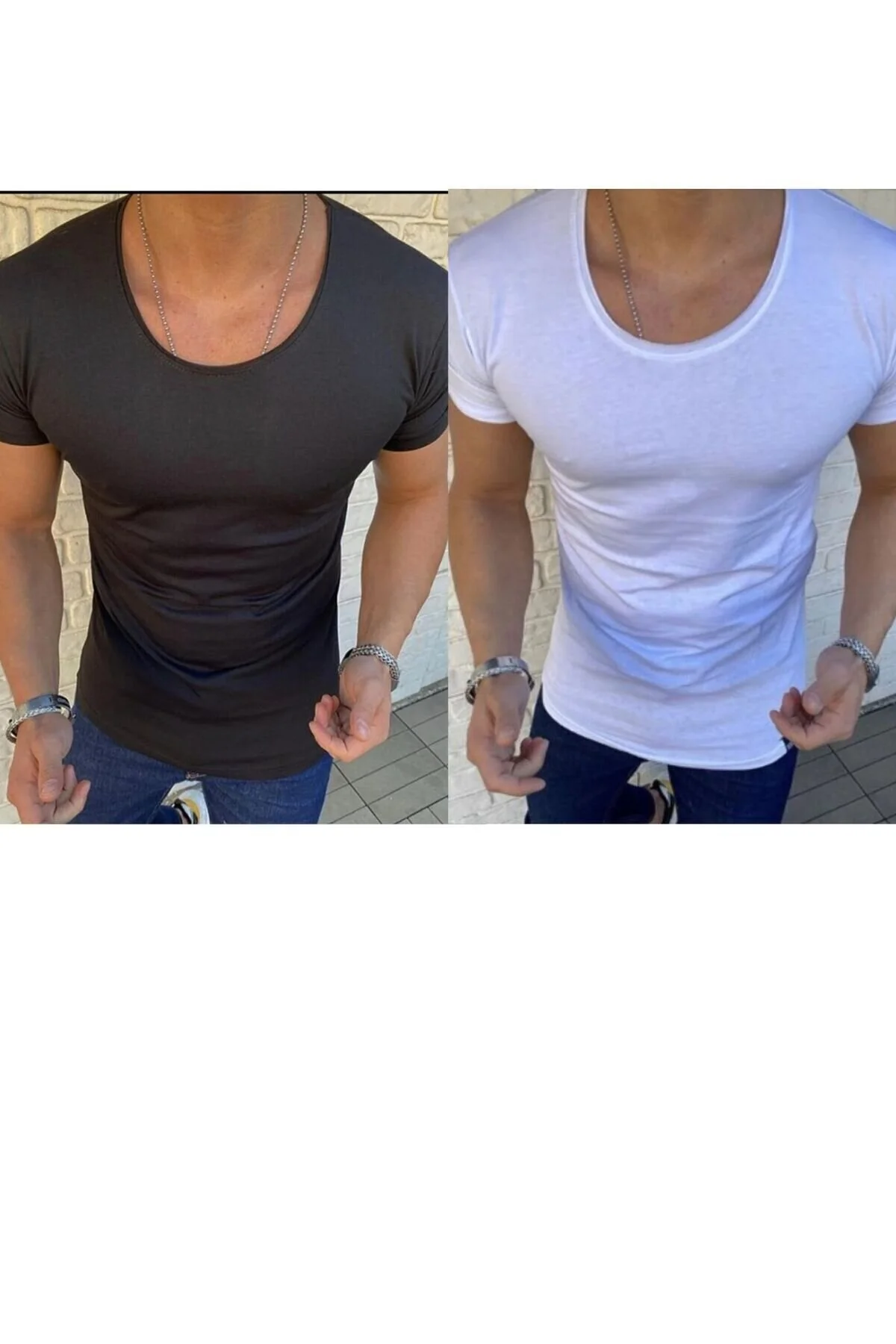Erkek 2 Li Paket Oval Yaka Siyah Beyaz Tişört Açık Yaka Likralı Slim Fit T-shirt Beyaz - Siyah