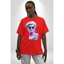 Kulaklık Gözlük Pop Art Heykel Pamuklu Bisiklet Yaka Unisex Oversize Boyfriend Dijital Baskılı Kırmızı T-shirt Kırmızı