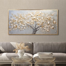 Yağlı Boya Dokulu Tablo Krem Soyut Ağaç Altın Çerçeveli U01004-178844