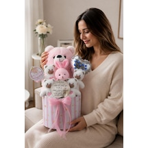 Kız Bebek Hoş Geldin Hediye Kutusu Nazar Dualı Aynalı Peluş Ayıcık, Tavşan Ve Peluşlu Yeni Doğan Bebek Hediyesi