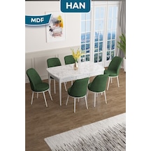 Canisa Han Serisi, 70x114 Açılabilir Mdf Masa Takımı, Beyaz Mermer Desen Masa Ve 6 Haki Yeşil Sandalye Masa Beyaz Mermer Sandalyeler Haki