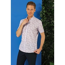 Efor Slim Fit Düğmeli Yaka Şal Desenli Kısa Kol Pamuk Lila Gömlek G 1501 Lila