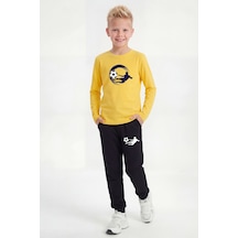 Panios Kids Yuvarlak Yaka Sweatshirt Paça Lastikli Eşofman Alt Baskılı Uzun Kollu Erkek Çocuk Alt Üst Takım Sarı