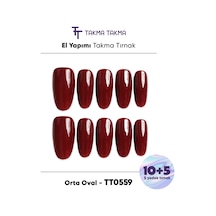15'li Kırmızı Kısa Oval Tt0559 Tekrar Kullanılabilir El Yapımı Protez Takma Tırnak L