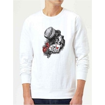 Gamblıng Poker Rose Skull Baskılı Beyaz Erkek Örme Sweatshirt
