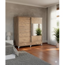 Güneş Sürgülü Dolap Çekmeceli Gardırop Çam 180 Cm