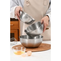 3 Lü Çelik 17-19-25 Cm Ölçülü Yuvarlak Hamur Yoğurma Salata Karıştırma Kasesi Mutfak Kabı Gri