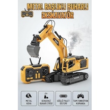 Metal Başlıklı Buharlı 1:18 Ölçekli Uzaktan Kumandalı 10 Fonksiyonlu 2.4 Ghz Oyuncak Ekskavatör Sarı